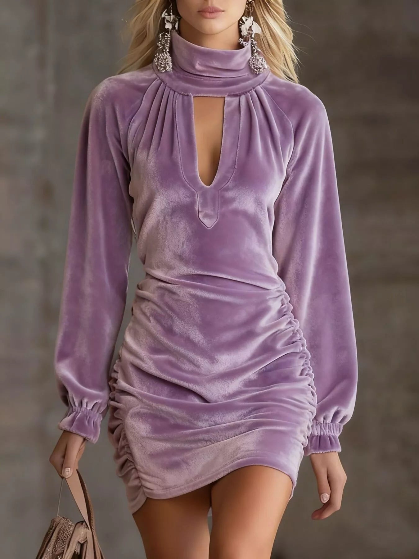 Full-Size Velvet Ruched Flounce Sleeve Mini Dress Violet