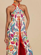 Boho Printed Halter Neck Wide-Leg Jumpsuit