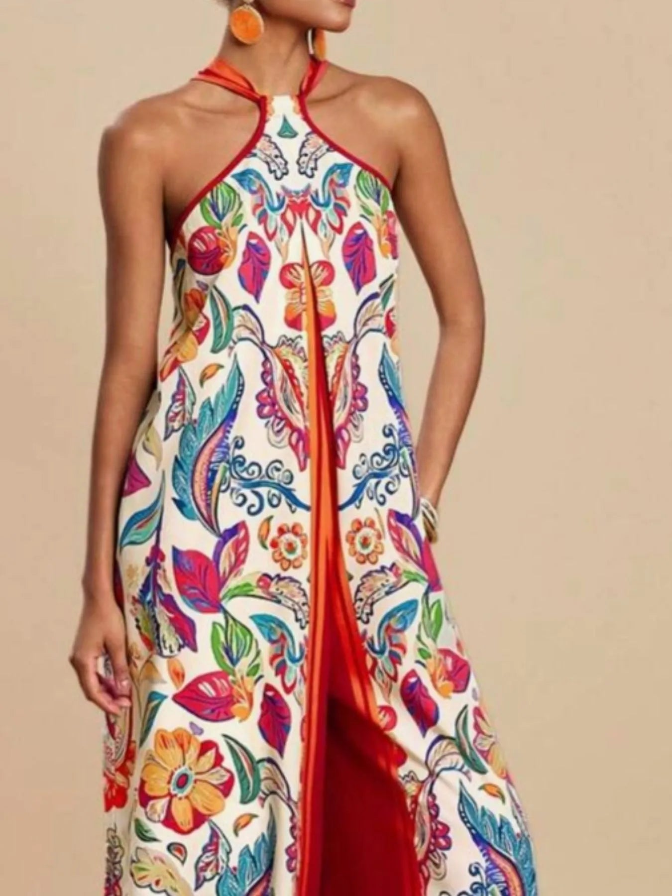 Boho Printed Halter Neck Wide-Leg Jumpsuit