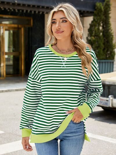 Chic Striped Slit Detail Long Sleeve Sweatshirt Black Forest