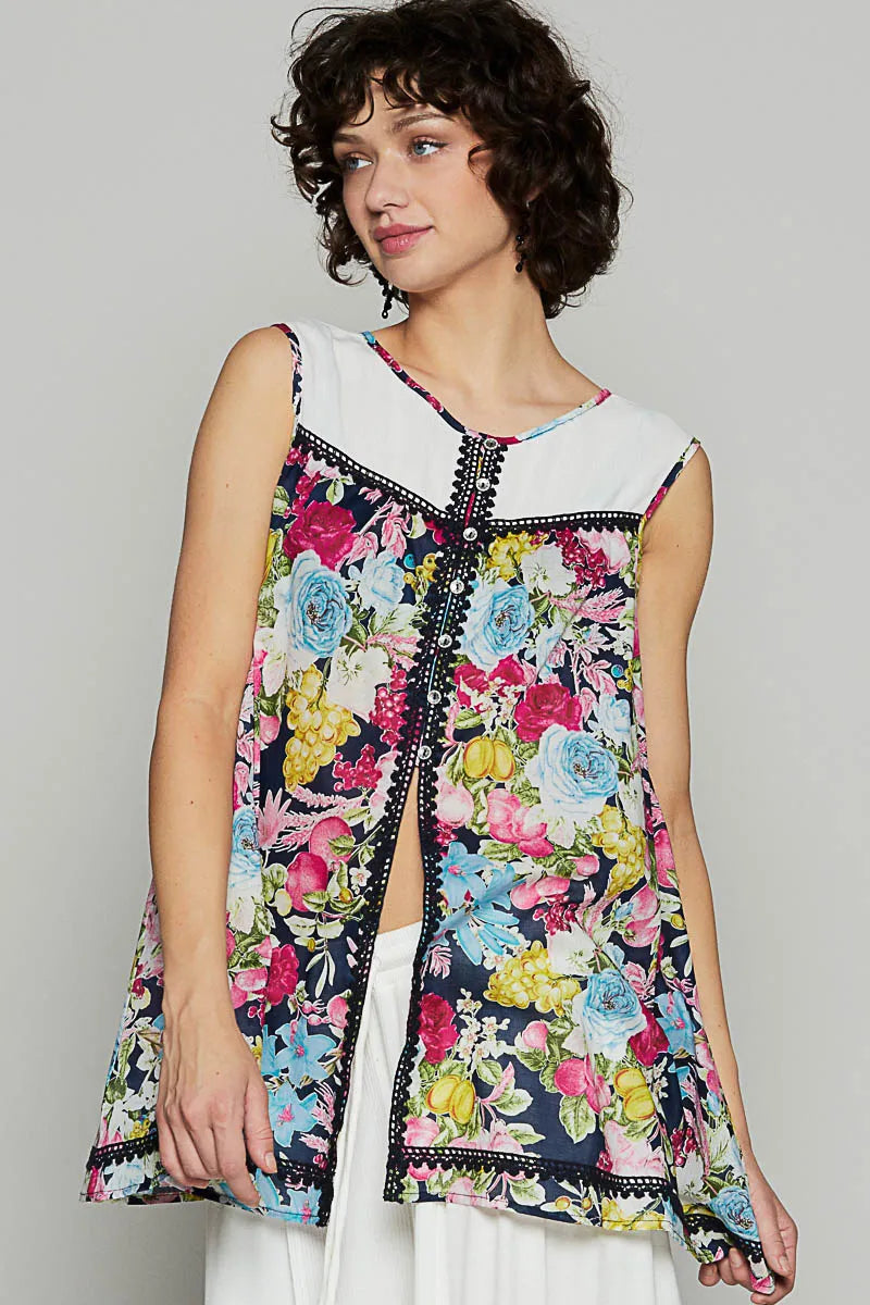 POL Lace Detail Floral Print Sleeveless Blouse â€“ Boho Chic Summer Top Ivory