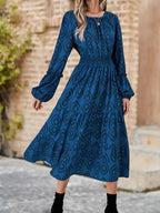 Smocked Balloon Sleeve Round Neck Midi Dress Dark Blue