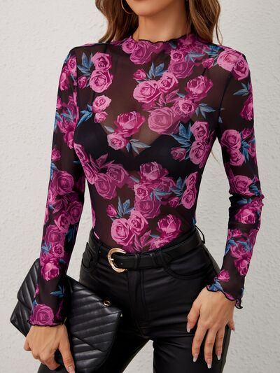 Sheer Floral Mock Neck Long Sleeve Top