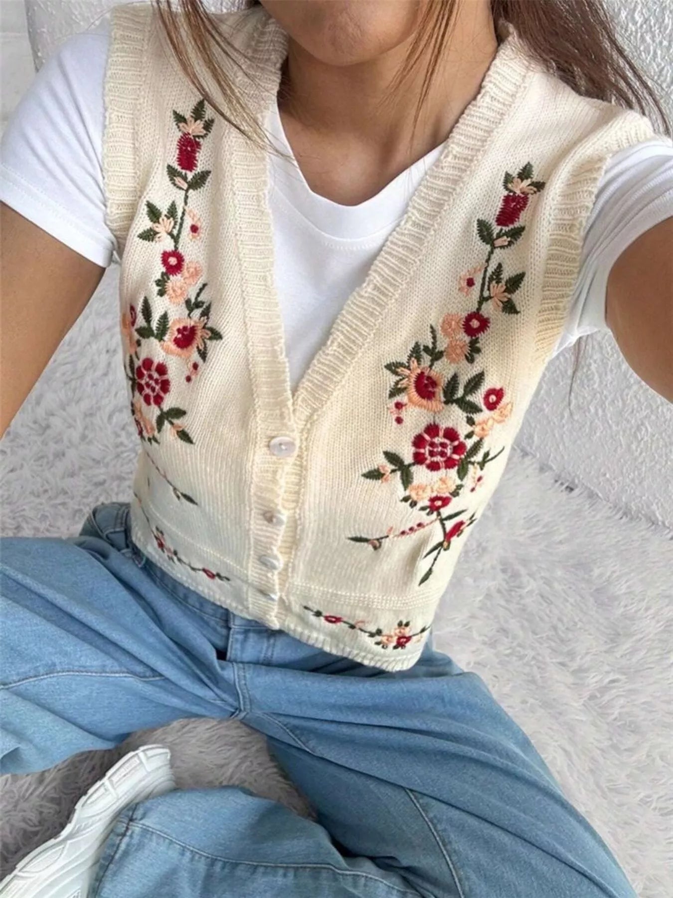 Chic Embroidered Button-Up Sweater Vest – Layer for Every Season