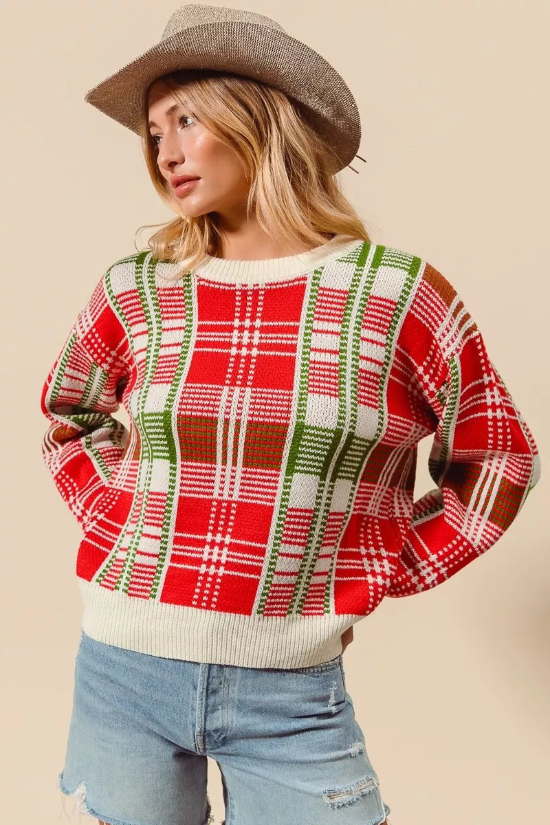 SO ME Festive Christmas Checkered Plaid Crew Neck Sweater