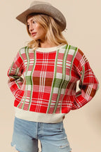 SO ME Festive Christmas Checkered Plaid Crew Neck Sweater