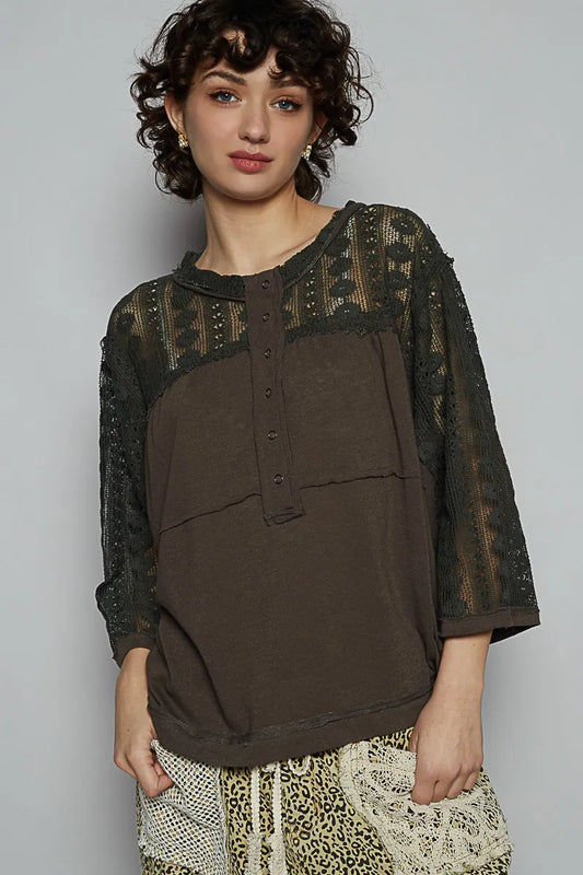 POL Lace Patchwork Button Front T-Shirt Chocolate