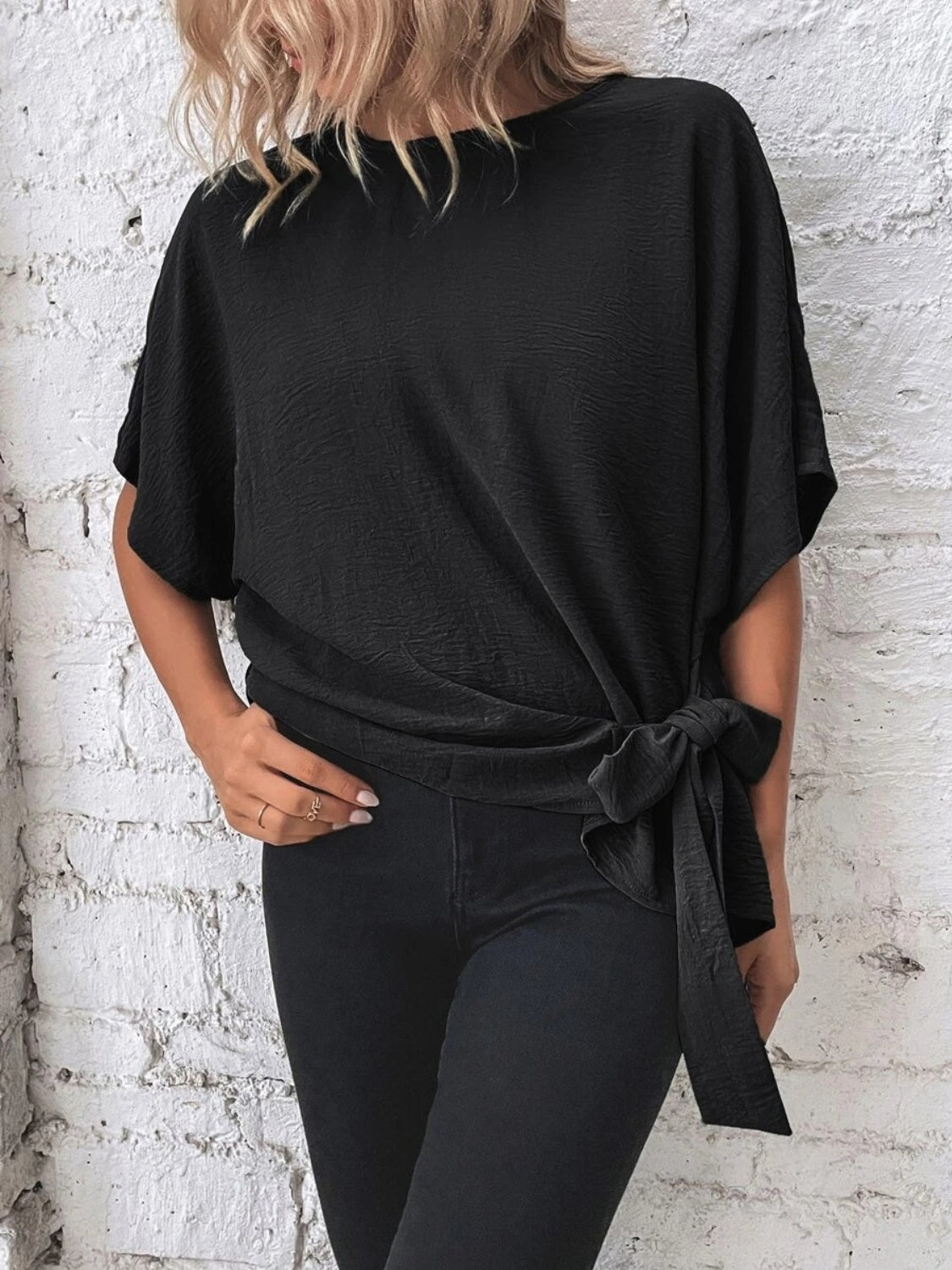 Knotted Round Neck Blouse with Half Sleeves and Button Detail