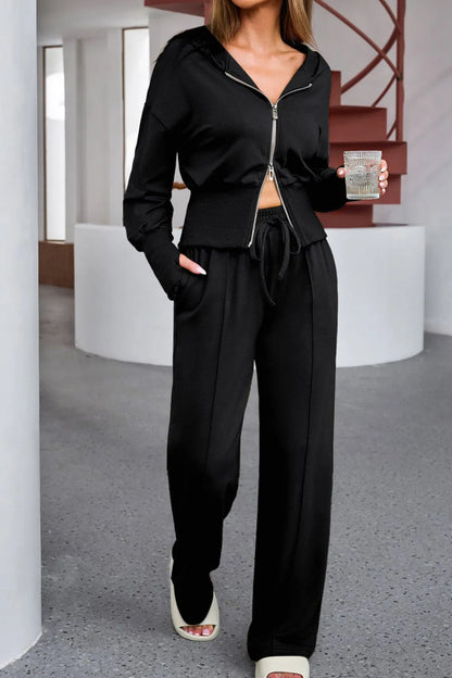 Two-Piece Zip-Up Hoodie and Jogger Pants Activewear Set Black