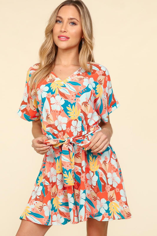 Haptics Tropical Floral Tie-Front Short Sleeve Romper Coral Teal Light Blue