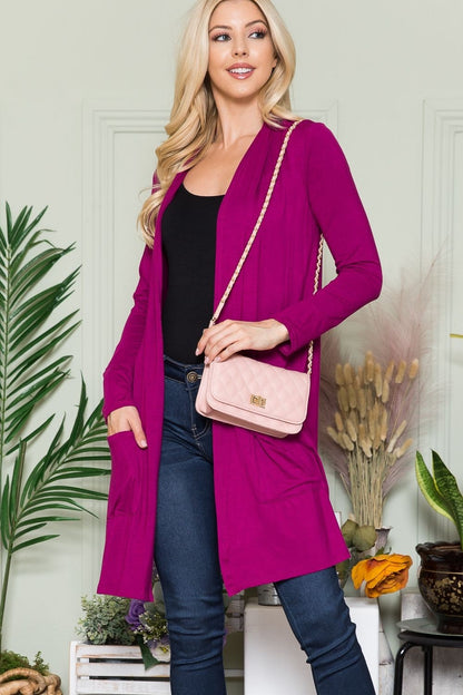 Celeste Full-Size Open-Front Cardigan with Pockets Magenta