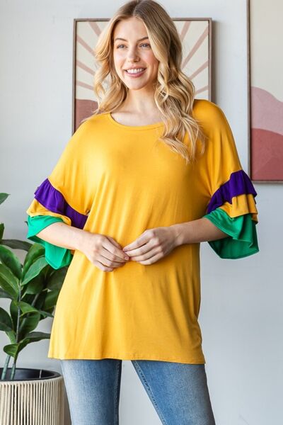 Heimish Plus Size Round Neck Color Block Ruffled Sleeve Top