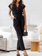Surplice Cap Sleeve Tie Waist Jumpsuit - Elegant & Flattering