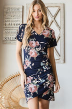 Heimish Full Size Ruched Floral Mini Dress Plus Size