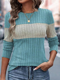 Color Block Round Neck Long Sleeve Sweater â€“ Cozy & Stylish for Fall Blue