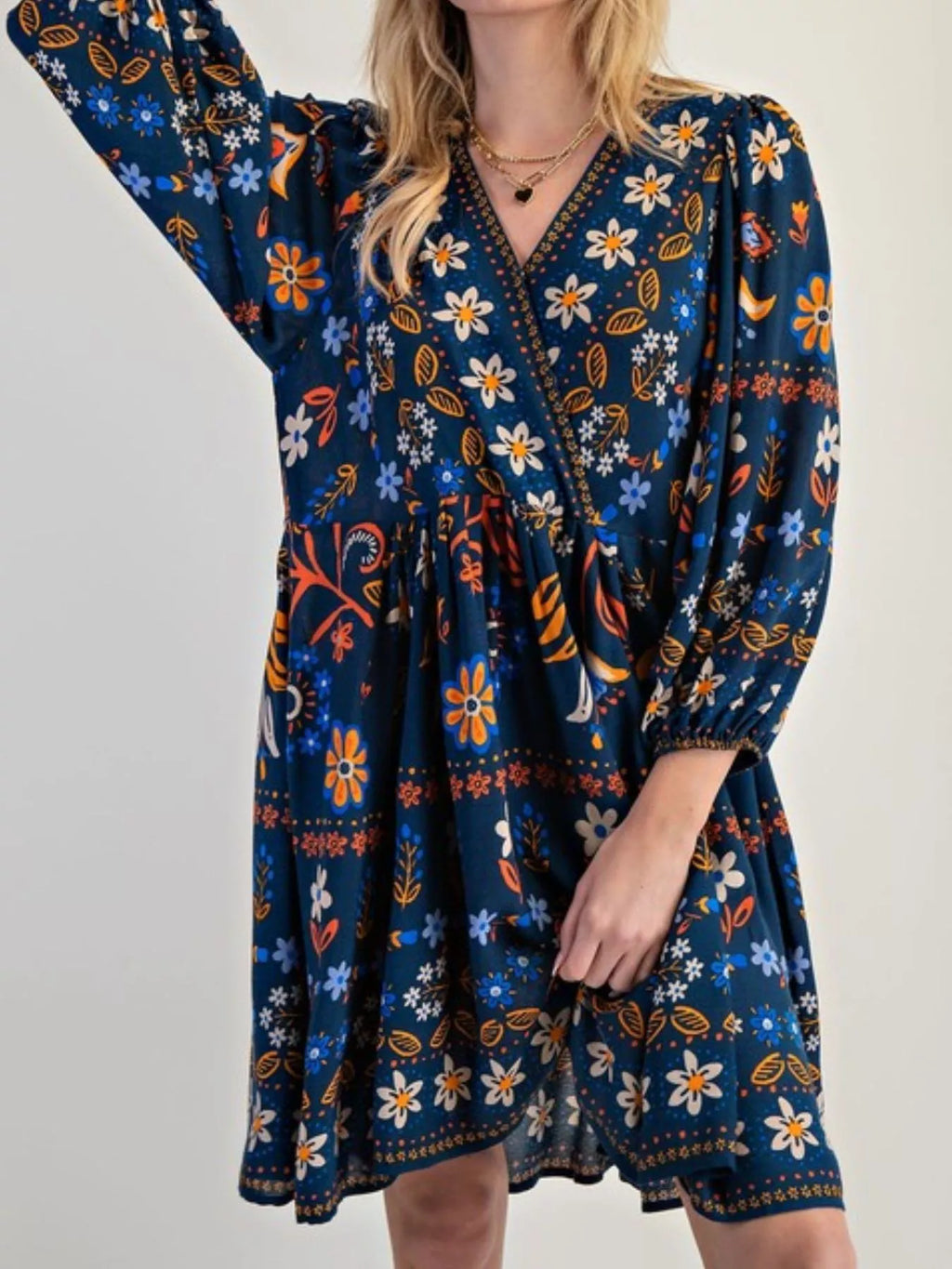 Bohemian Floral Print Ruched Long Sleeve Pocketed Mini Dress