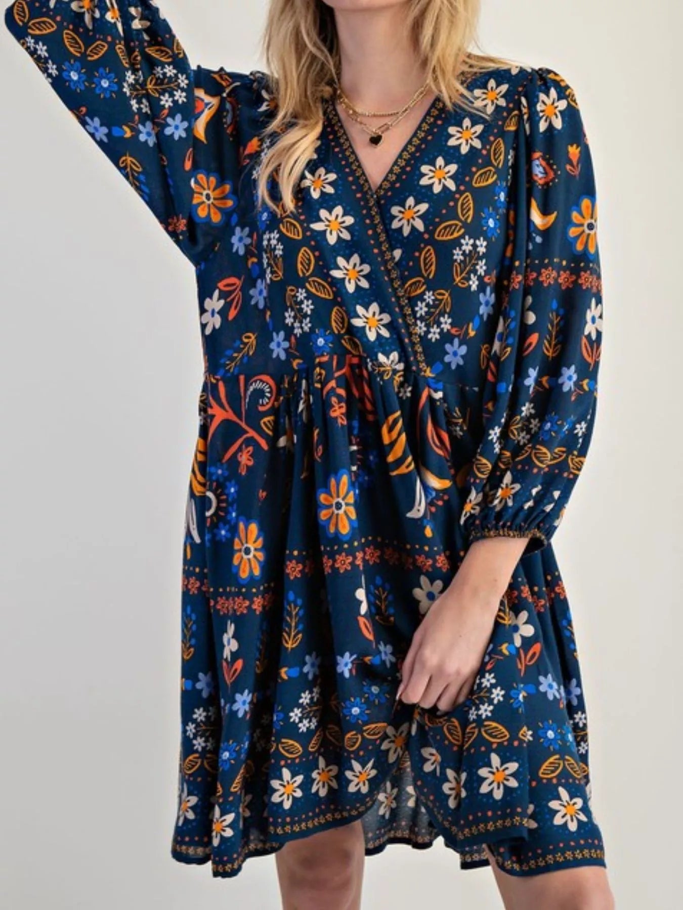 Bohemian Floral Print Ruched Long Sleeve Pocketed Mini Dress