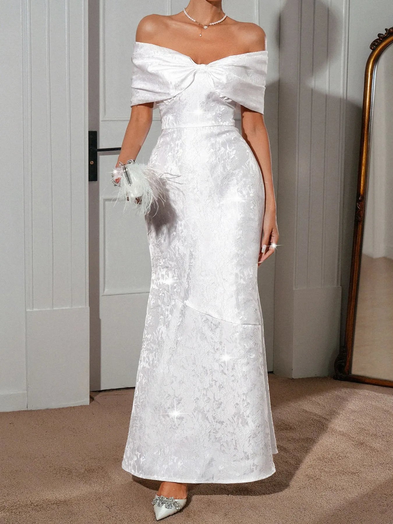 Lace-Up Off-Shoulder Maxi Dress with Statement Bow Detail