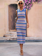 CoastEase Striped Sleeveless Round Neck Cover-Up Midi Dress