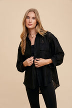 Annie Wear Openwork Button-Down Relaxed Fit Shirt Black