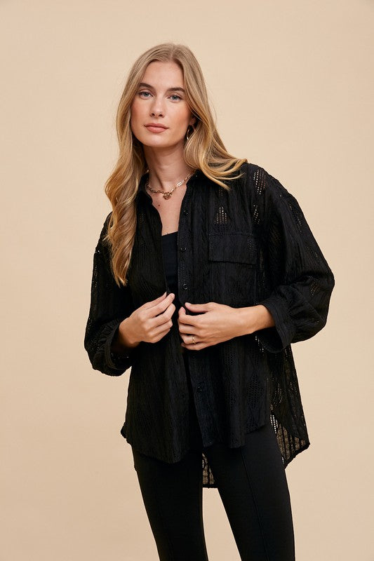 Annie Wear Openwork Button-Down Relaxed Fit Shirt Black