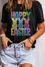 HAPPY EASTER Sequin Bunny T-Shirt - Festive & Sparkly Tee Black