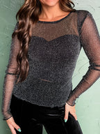 Sheer Metallic Glitter Mesh Long Sleeve Top Black