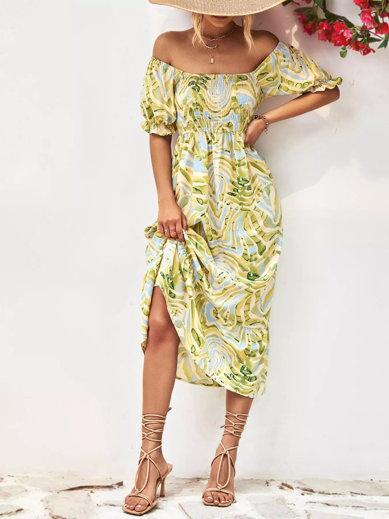 Elegant Smocked Printed Puff Sleeve Midi Dress