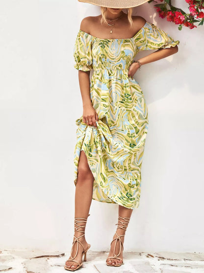 Elegant Smocked Printed Puff Sleeve Midi Dress
