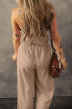 Knotted Straps Button Textured Drawstring Jumpsuit