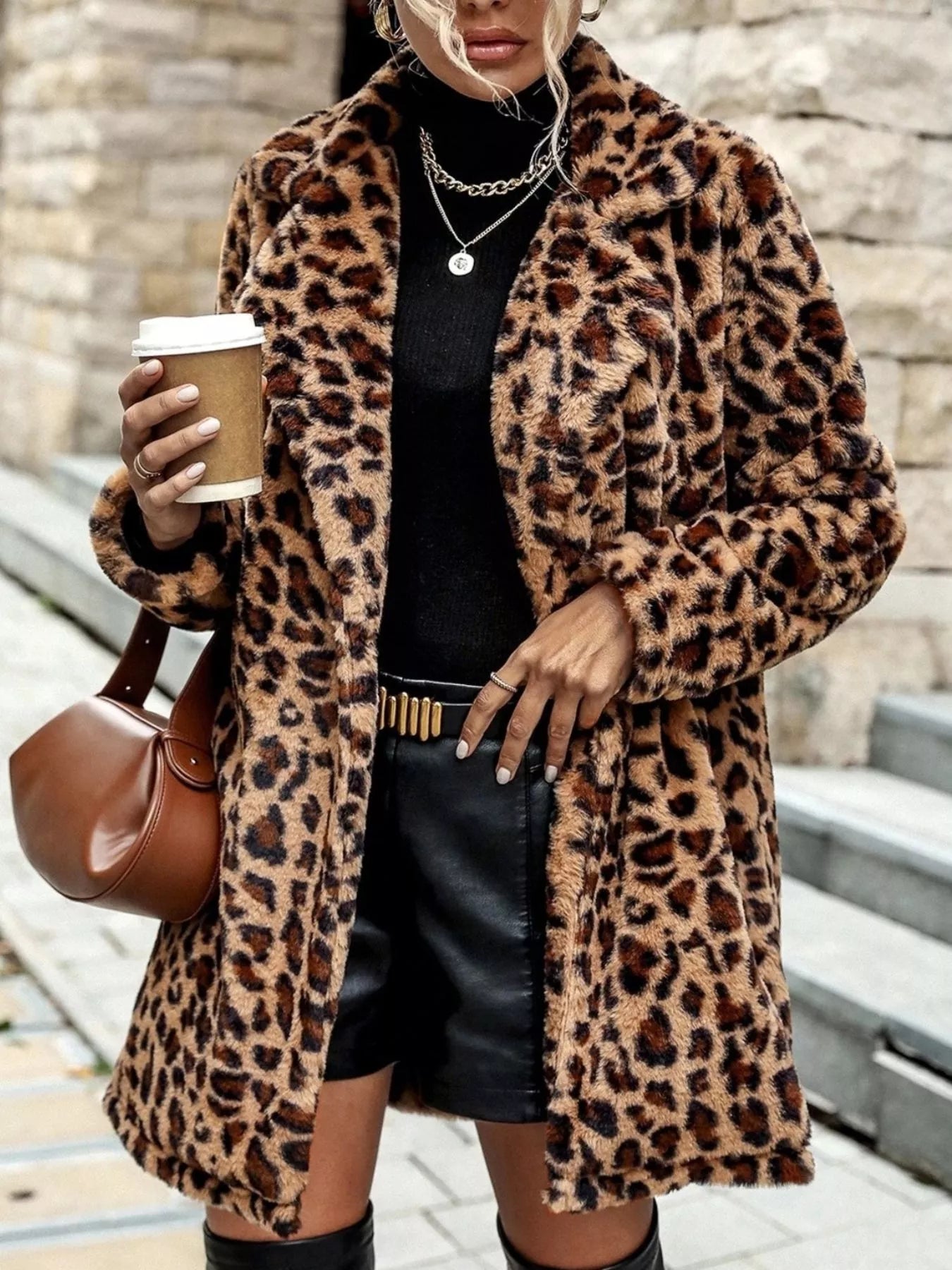 Leopard Print Faux Fur Longline Coat
