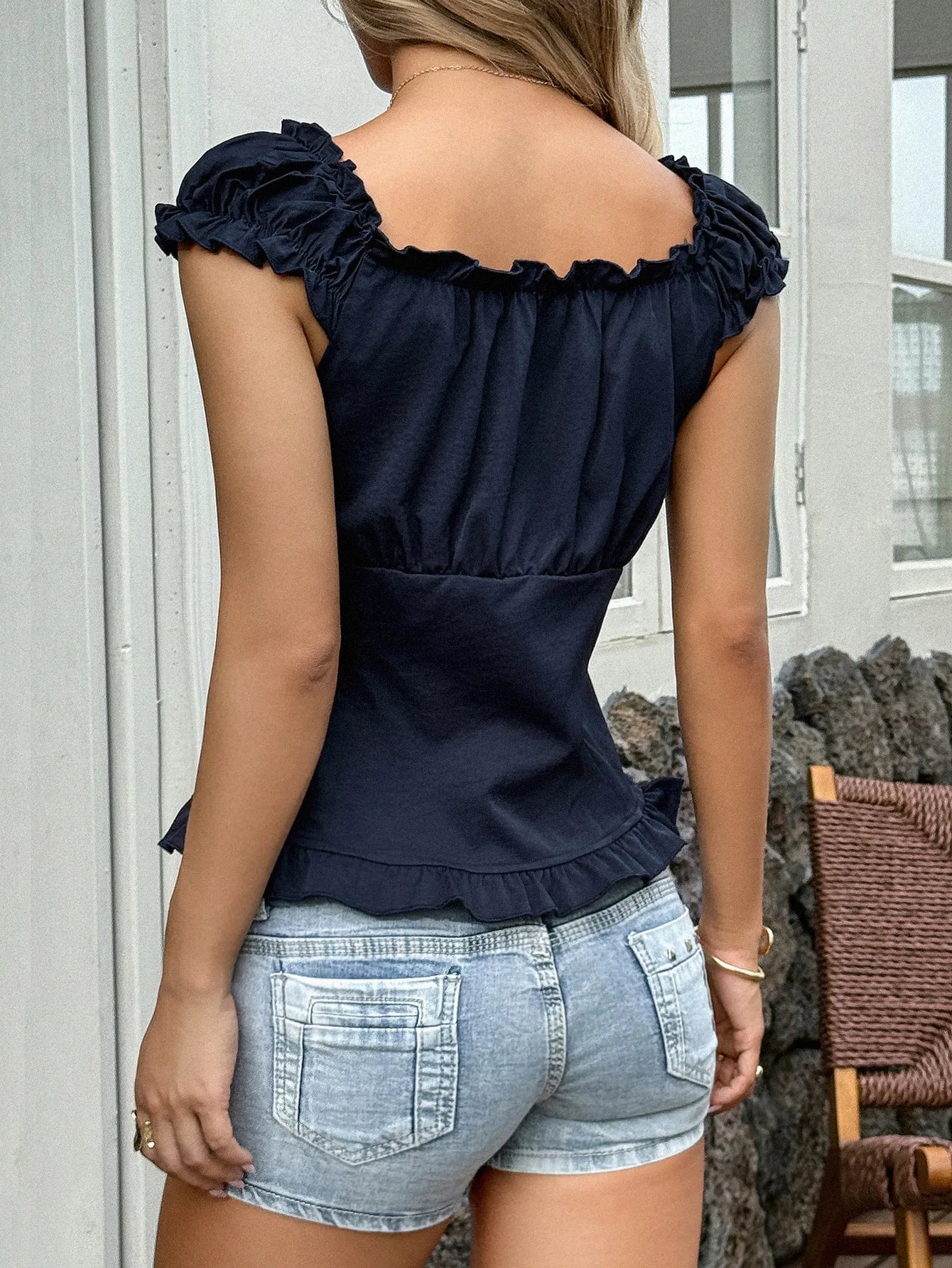 Ruffle Trim Button-Up Cap Sleeve Blouse