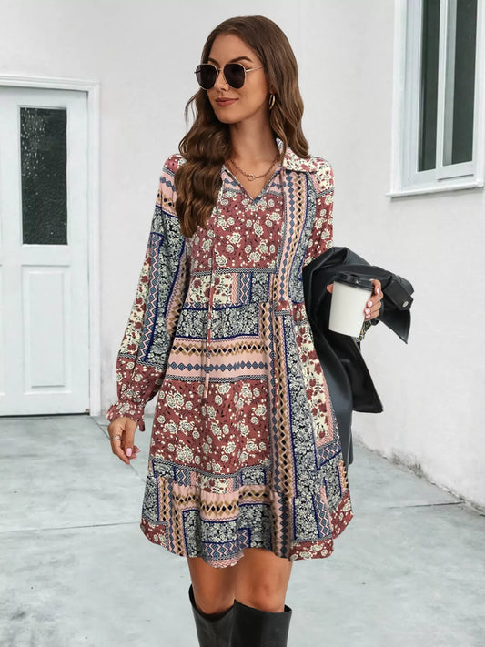 Boho Floral Ruffled Long Sleeve Mini Dress Ochre