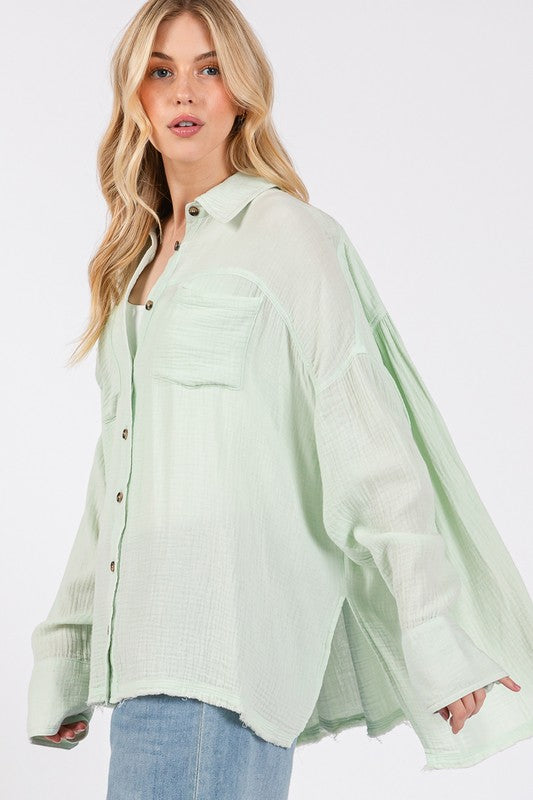 SAGE + FIG Frayed Hem Button-Down Shirt with Side Slits