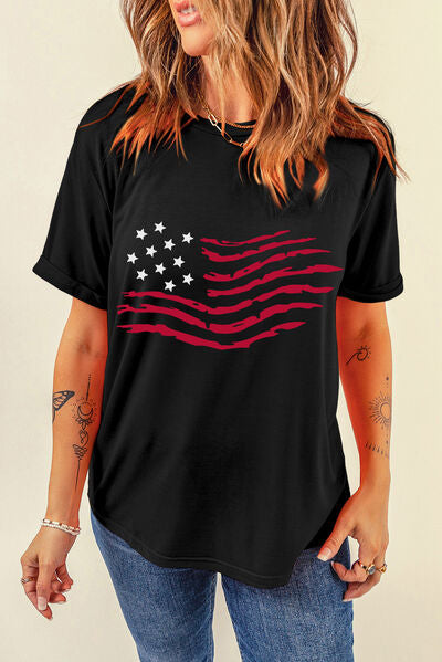 US Flag Round Neck Short Sleeve T-Shirt - Patriotic & Stylish Black