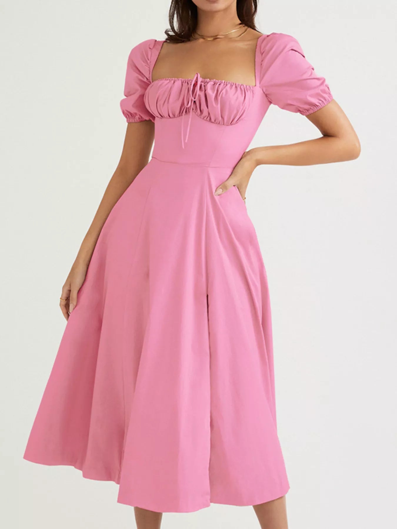 Full-Size Ruched Tie-Waist Slit Midi Dress