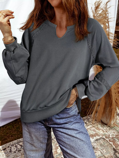 Mineral-Wash Sweatshirt with Lace Patchwork & Notched Neck