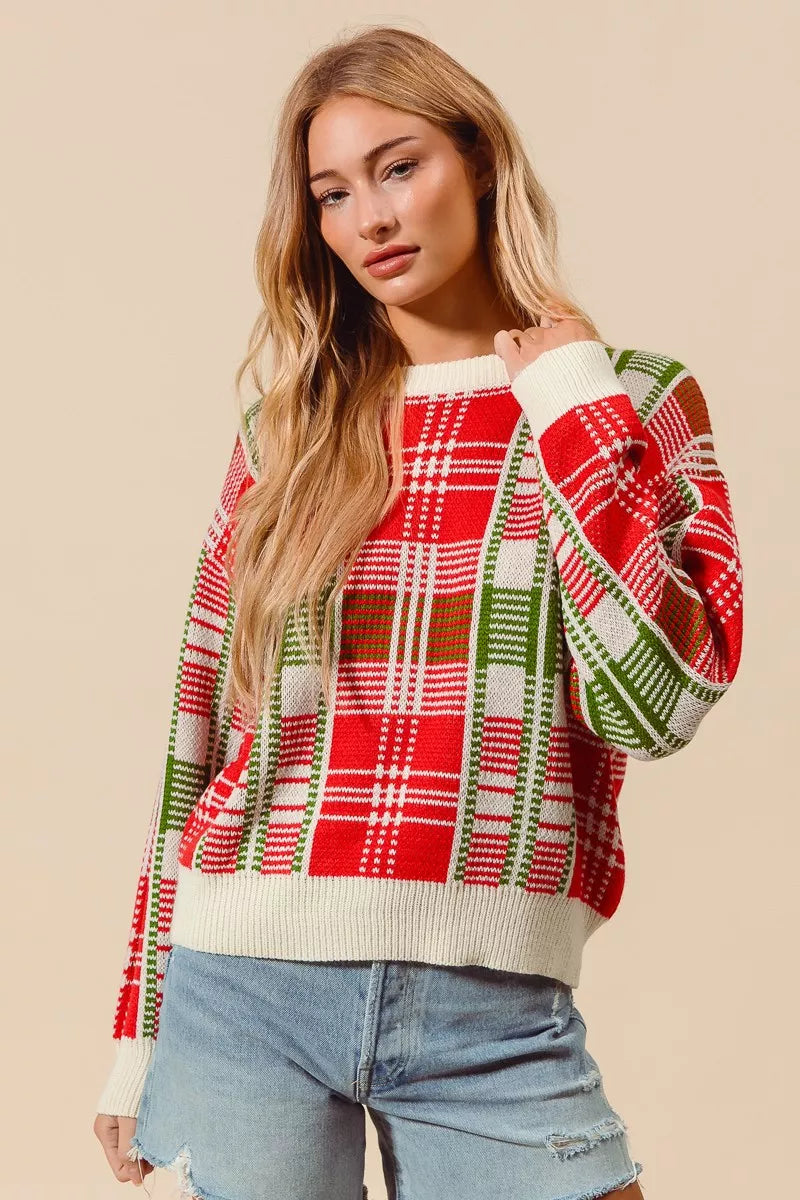 SO ME Festive Christmas Checkered Plaid Crew Neck Sweater