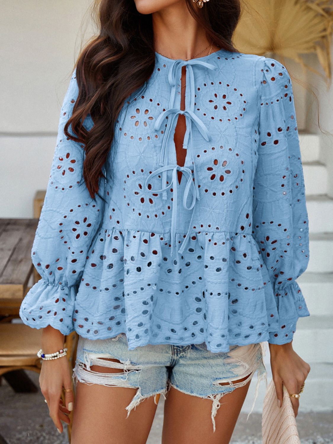 Devine Tie Front Flounce Sleeve Peplum Blouse Light Blue