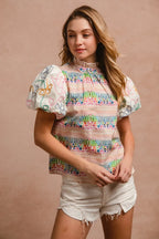 BiBi Ruffle Neckline Blouse With Embroidery Bubble Sleeve
