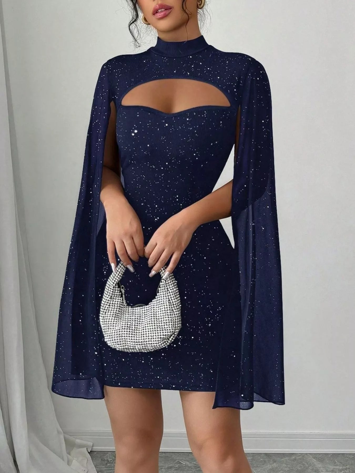 Glitter Cutout Bodycon Mini Dress with Cape Sleeves Navy