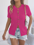 Cable Knit Button Down Short Sleeve Cardigan - Stylish & Versatile