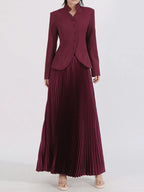 Elegant Button Up Long Sleeve Blouse & Pleated Skirt Two-Piece Set Barn Red