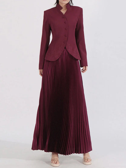 Elegant Button Up Long Sleeve Blouse & Pleated Skirt Two-Piece Set Barn Red