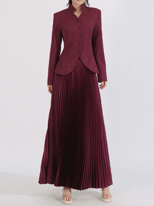 Elegant Button Up Long Sleeve Blouse & Pleated Skirt Two-Piece Set Barn Red