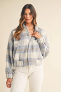 MABLE Plaid Print Fuzzy Bomber Jacket Skies