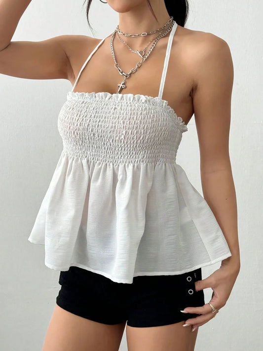 Smocked Frill Halter Neck Cami â€“ Lightweight Summer Staple White