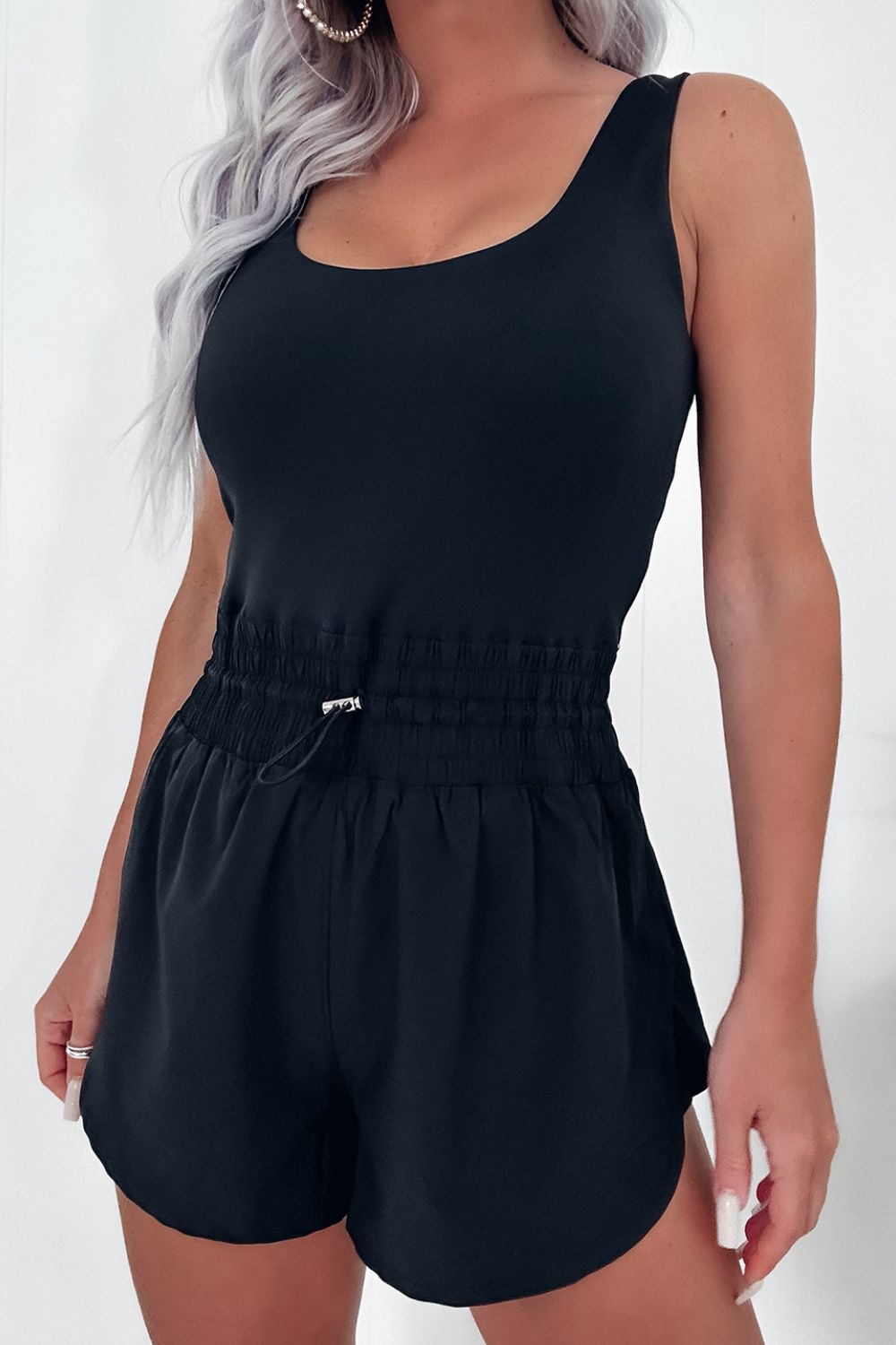 Drawstring Waist Scoop Neck Romper - Stylish & Comfy Black