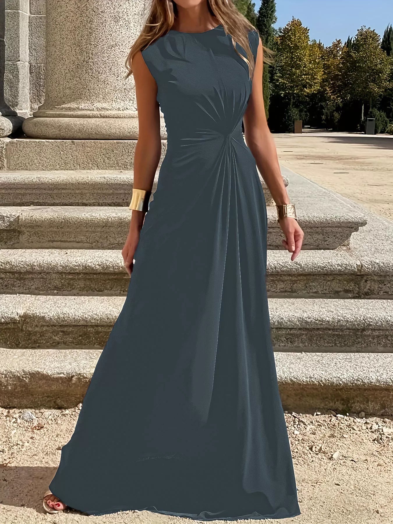Twisted Round-Neck Sleeveless Ruched Maxi Dress Grey Blue