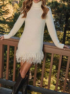 Fringe Detail Turtleneck Long Sleeve Sweater Dress